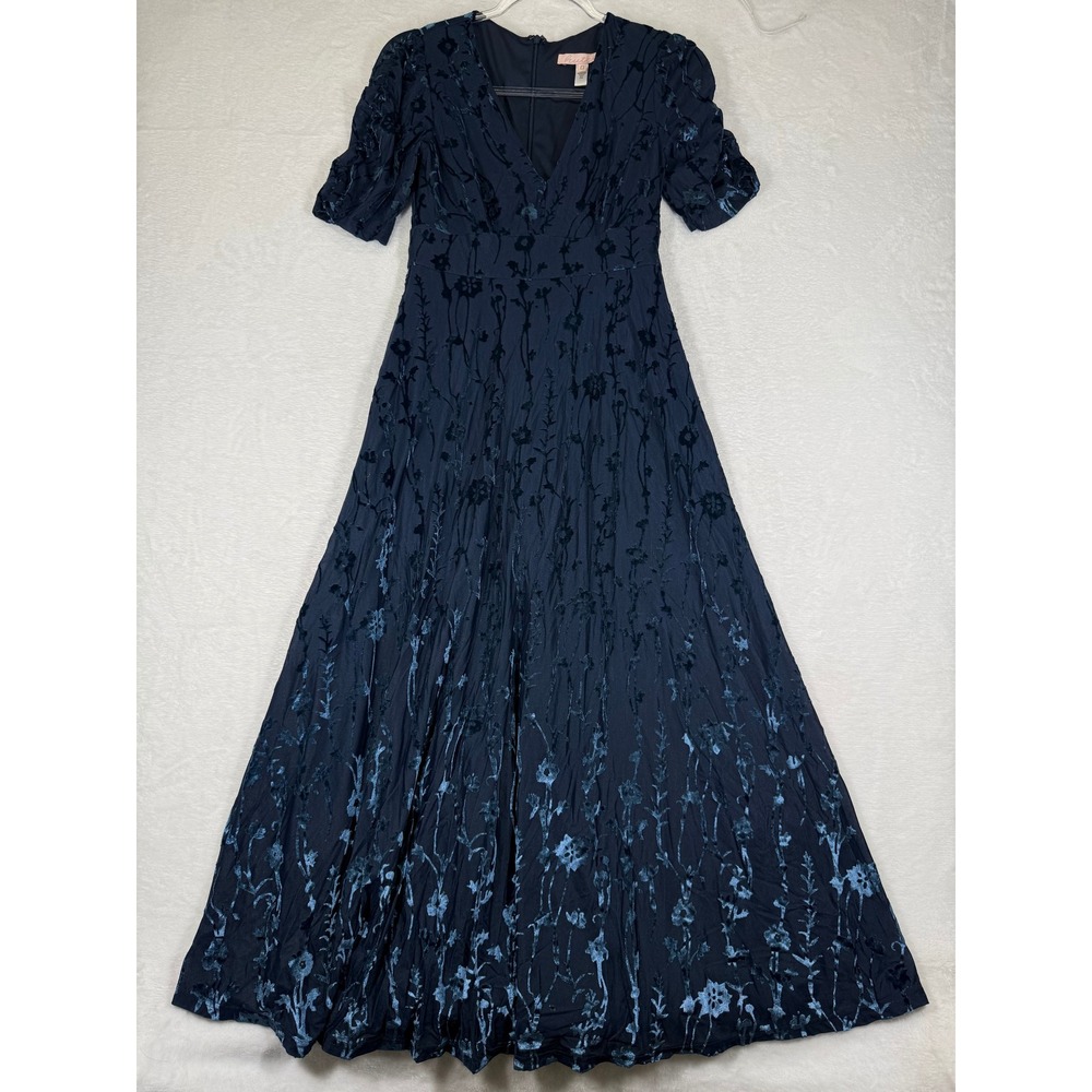 Hutch Navy Blue Floral Burnout Velvet Short Sleeve V-Neck Maxi Dress Size 0